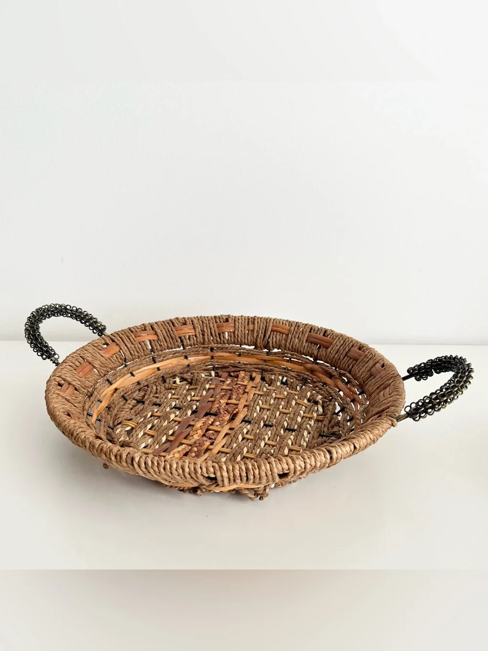 Vintage Handwoven Round Basket Wire Handles Mixed Material 11